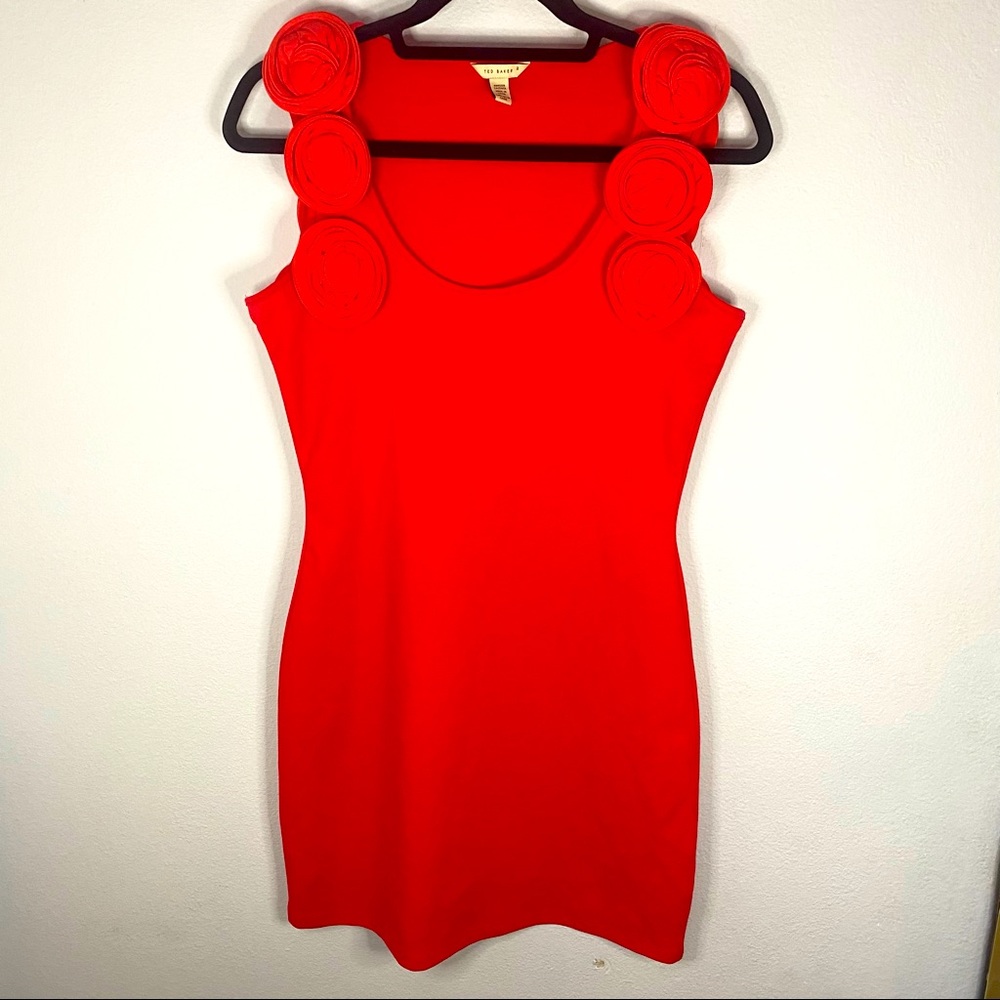 Ted baker red sleeveless bodycon floral appliqué dress